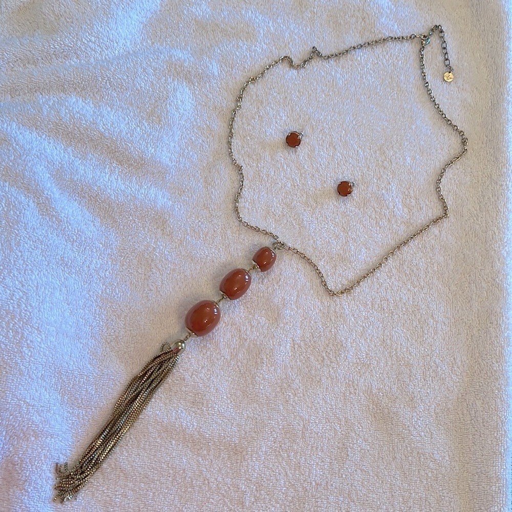 RJ Graziano orange and gold tone earrings and necklace Vintage